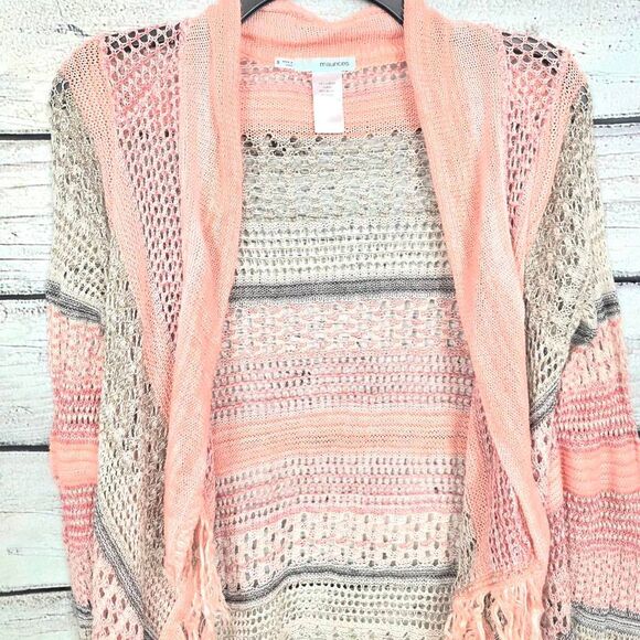 Maurices Open Knit Fringe Cardigan Peach Gray S - Picture 2 of 6